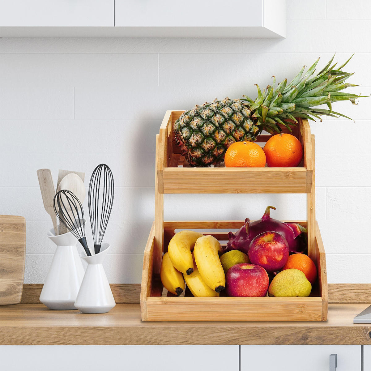 OBSTETAGERE - Hellbraun, Holz (29cm) - Relaxdays