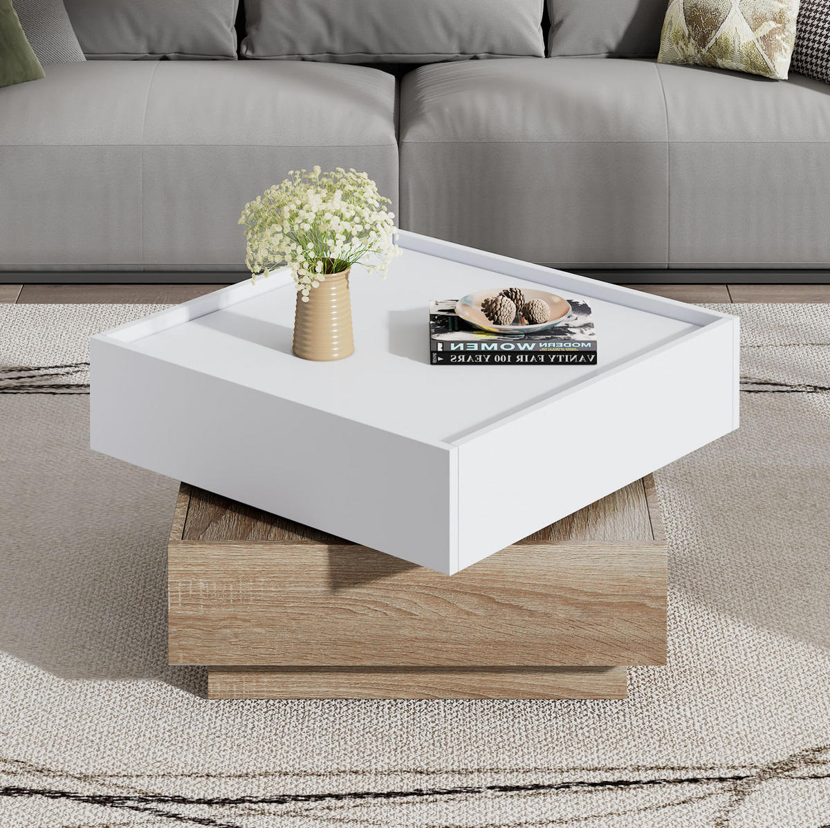 COUCHTISCH aus Spanplatte 60x60x38 cm in Weiß mit 360° Drehfunktion - Weiß, Holzwerkstoff (60/60/38cm) - Modfu