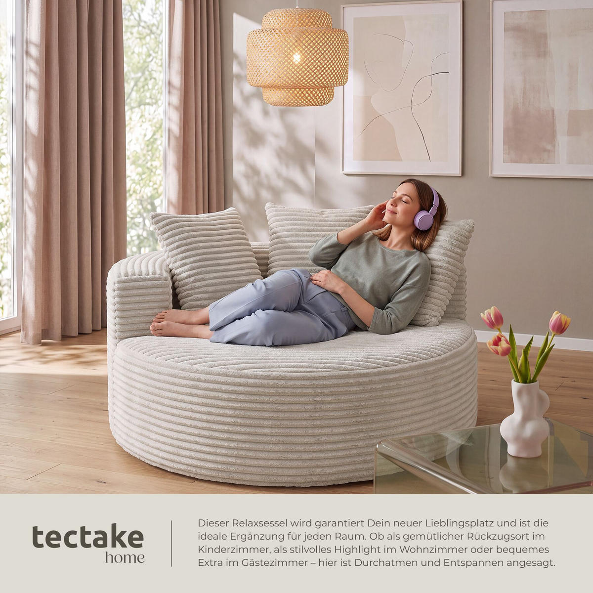 RELAXSESSEL Love, Ø 127 x 60 cm, mit 3 Kissen, Samtcord beige - Beige, Kunststoff/Textil (127/60/127cm) - tectake