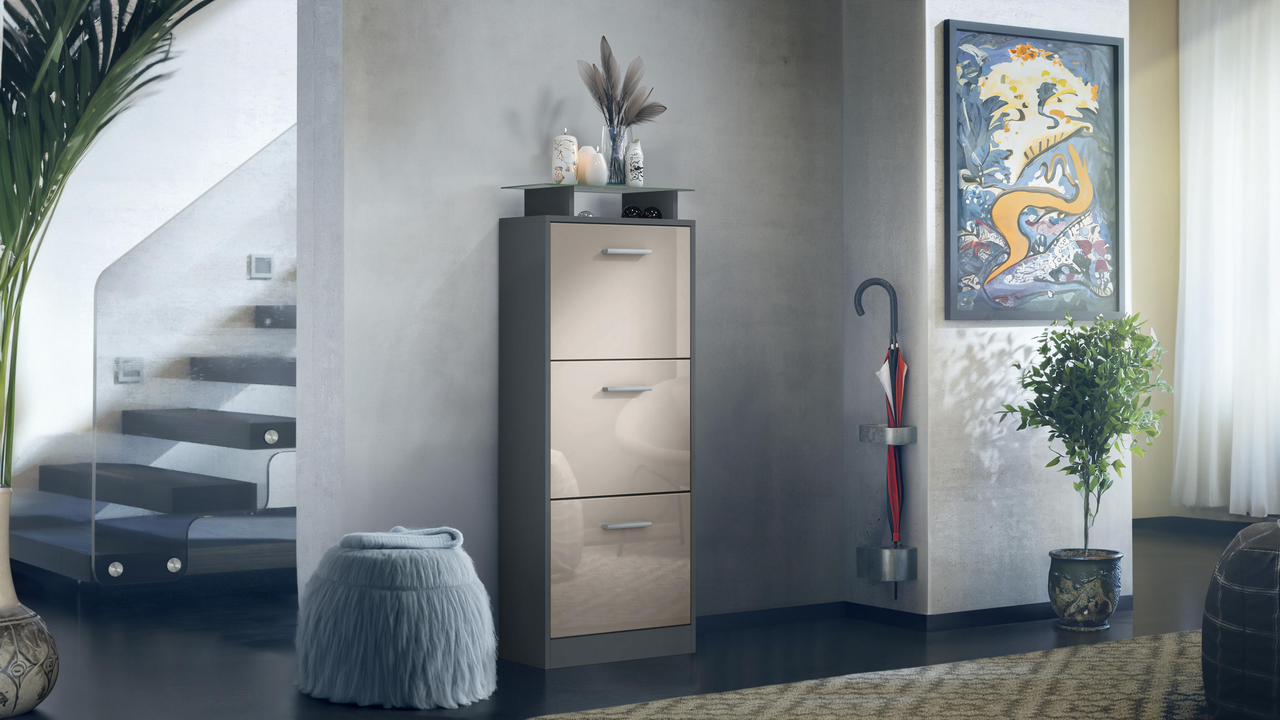 SCHUHSCHRANK Lavia Front in Sandgrau Hochglanz - Sandfarben, Holzwerkstoff (46/128/23cm) - Vladon