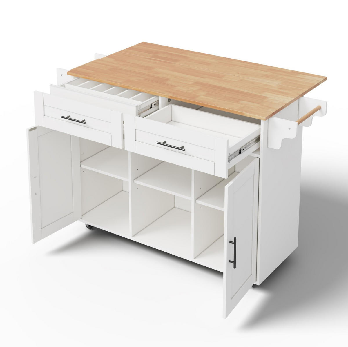 KÜCHENINSEL aus MDF 145x70x94,5 cm Weiß mit klappbarer Arbeitsplatte, 5 Rollen und verstellbaren Regalen - Weiß, Holzwerkstoff (145/94.5/70cm) - Modfu