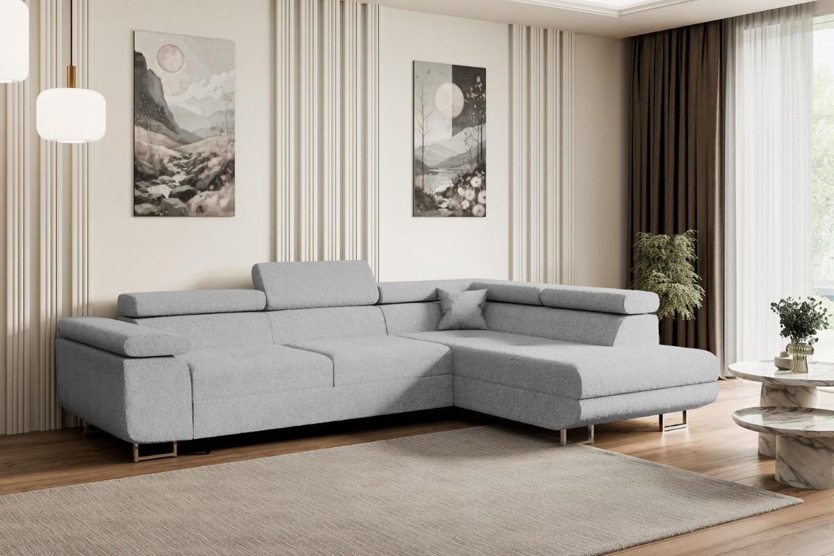ECKSOFA mit Schlaffunktion und Bettkasten GUSA-L 272x202x107 cm Grau Bouclé - Silberfarben/Hellgrau, Holzwerkstoff/Textil (272/202cm) - ALTDECOR