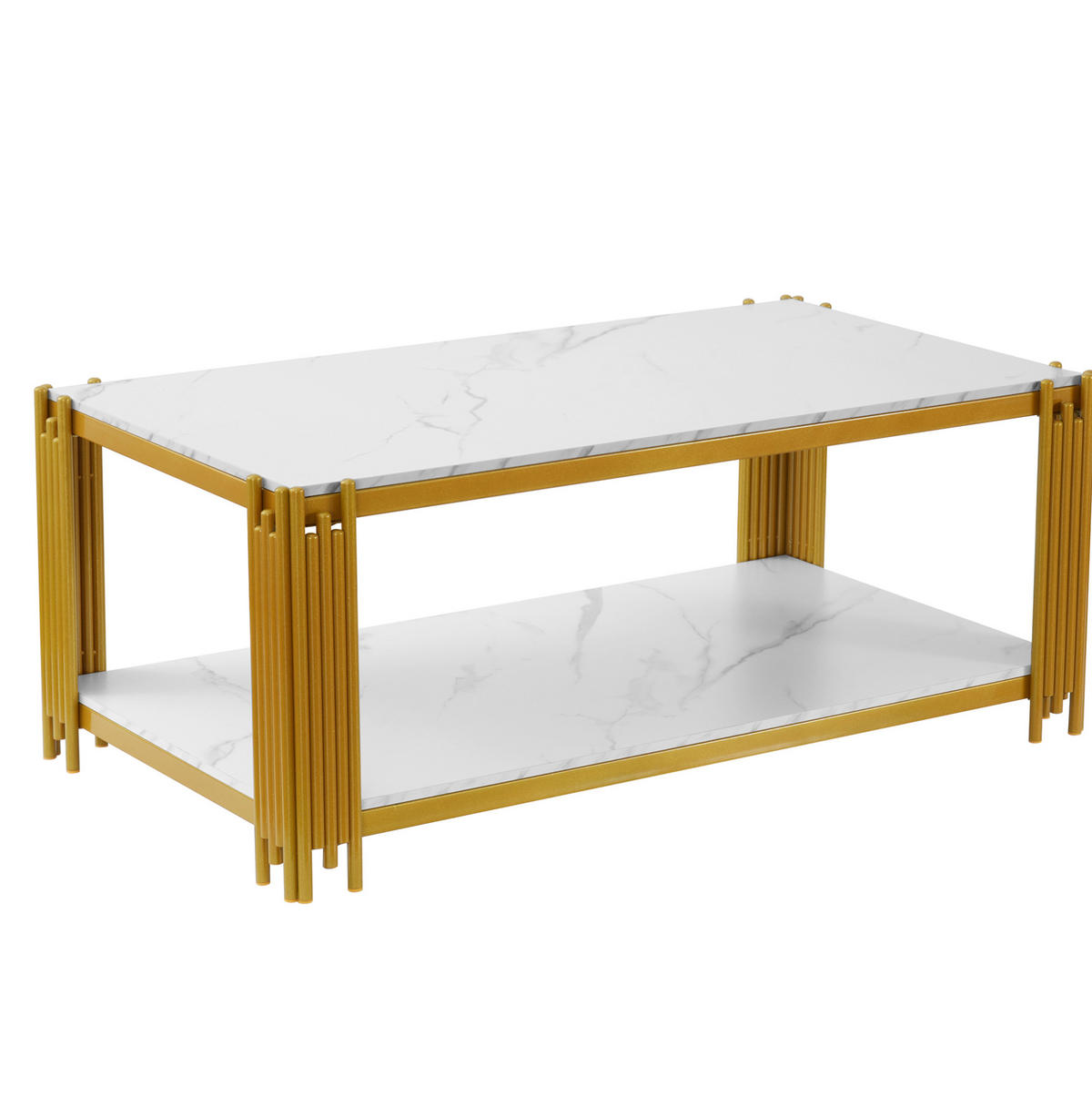 COUCHTISCH 114/64/46 cm mit 2 Ablagen und Metallgestell in Marmoroptik, Weiß/Gold - Weiß, Holzwerkstoff (114/64/46cm) - Redom