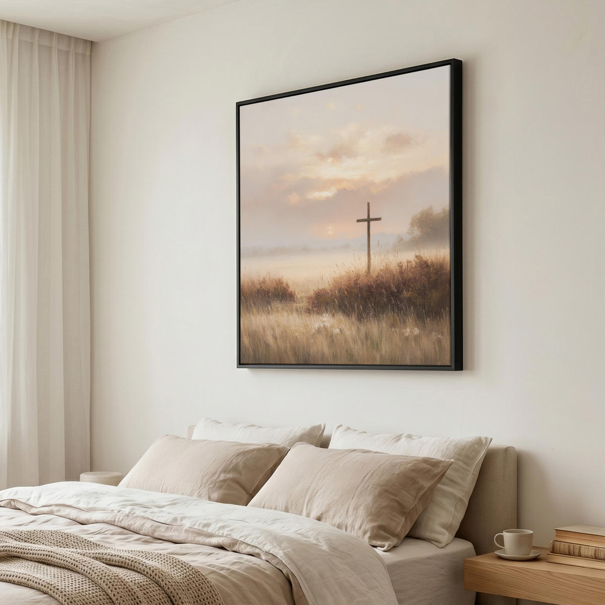 LEINWAND Bilder mit Rahmen - Gras - Morgennebel - Kreuz - Christentum - 90x90 - Beige, Textil (90/90cm) - MuchoWow