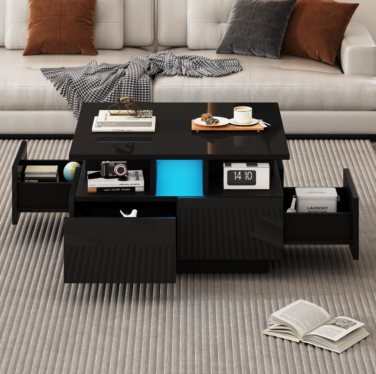 COUCHTISCH 70/70/40 cm schwarz mit 4 Schubladen und LED-Beleuchtung - Schwarz, Holzwerkstoff (70/70/40cm) - OKWISH