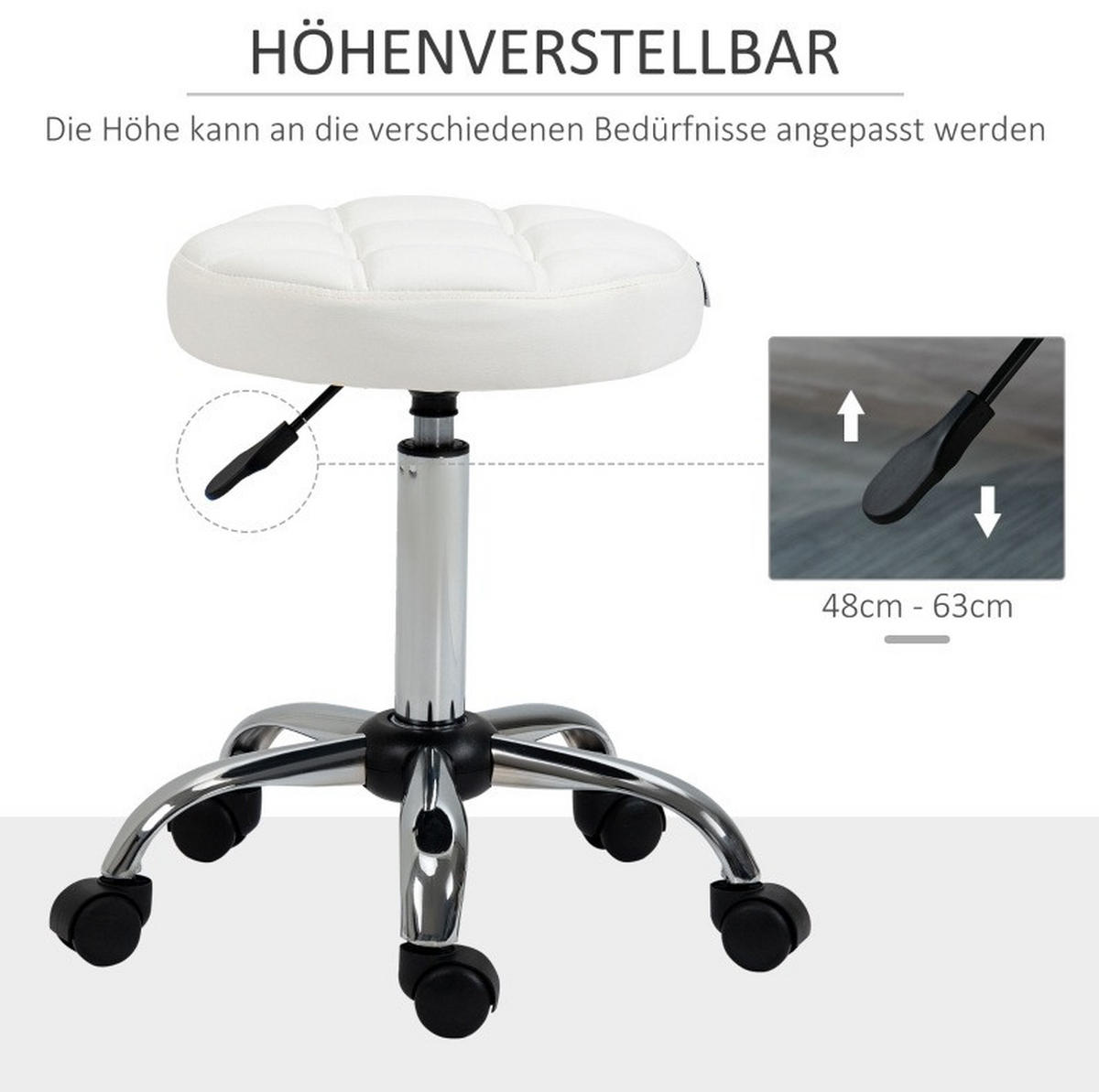 ROLLHOCKER in Weiß 35,5x35,5x67 cm, höhenverstellbar von 48 bis 63 cm, mit 5 Rollen - Weiß, Kunststoff (35.5/67/35.5cm) - IVMEU