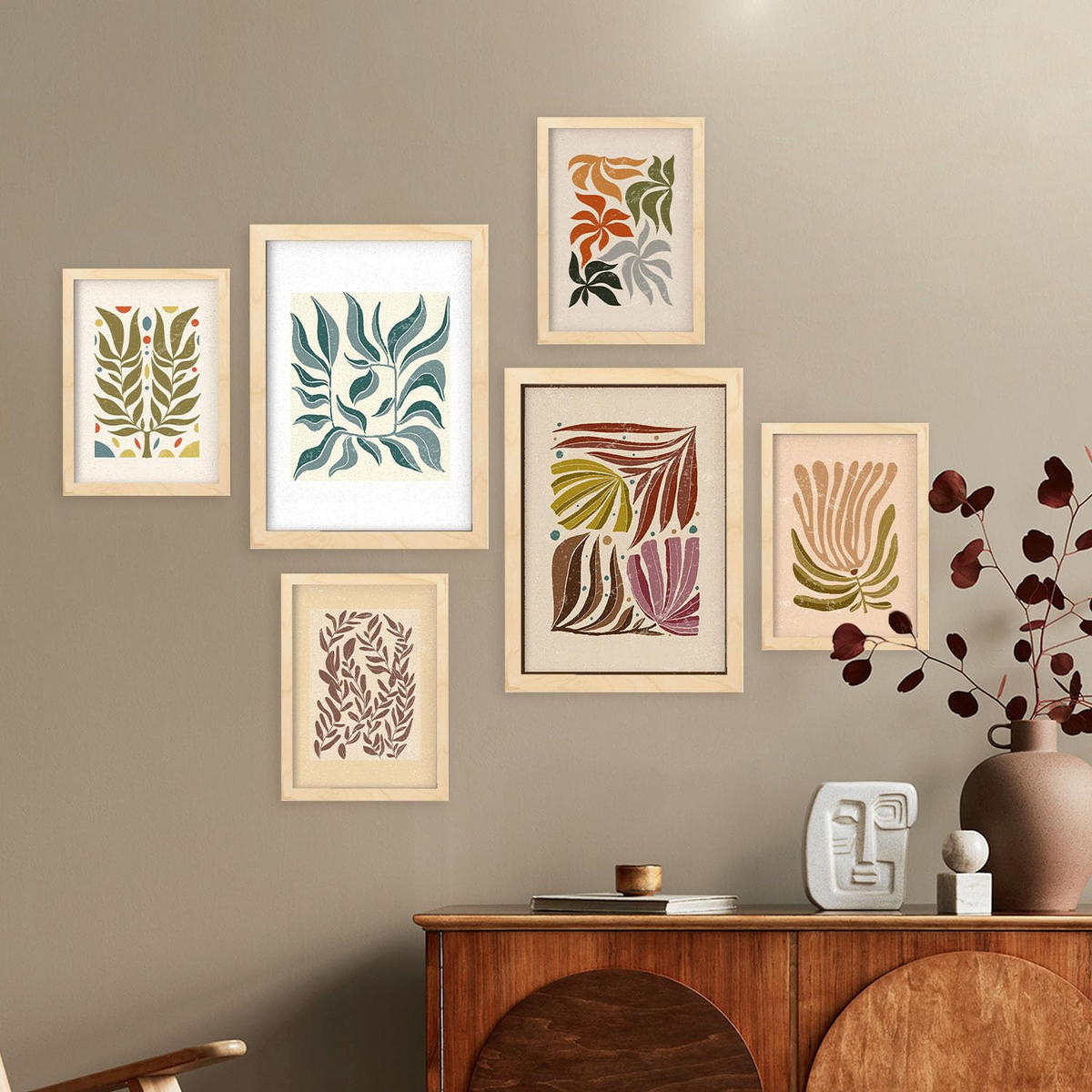 POSTER Set Mit 6 Drucken Von Blättern In Der Sammlung Ethnischer Ästhetische Dekorative Für Zuhause Wandkunstdruck A3 & A4 Rahmen Aus Hellem Holz - Beige, Papier (29/3cm) - Nacnic