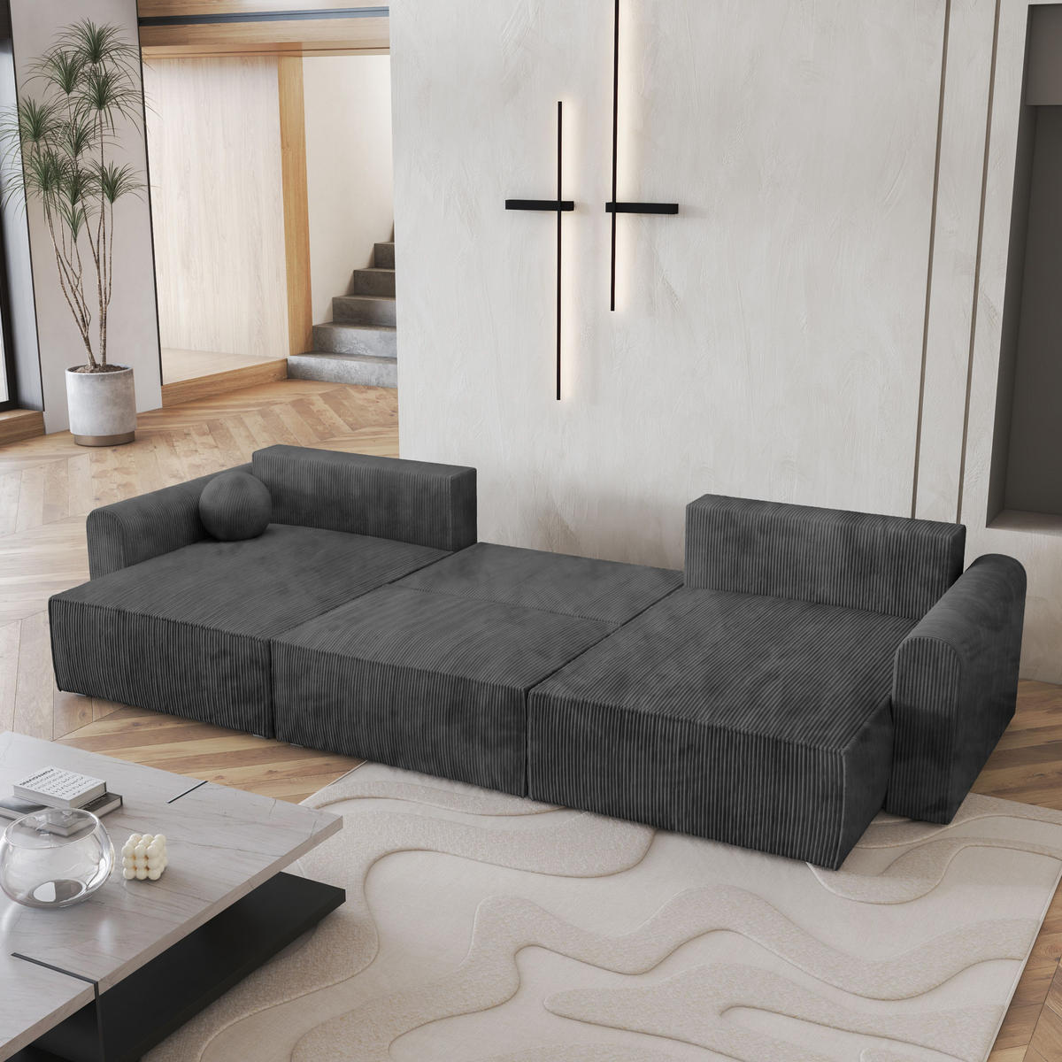 WOHNLANDSCHAFT FENTO P Graphitfarben Kordstoff mit Schlaffunktion - Graphitfarben, Holz (347/90/148cm) - MASSENO