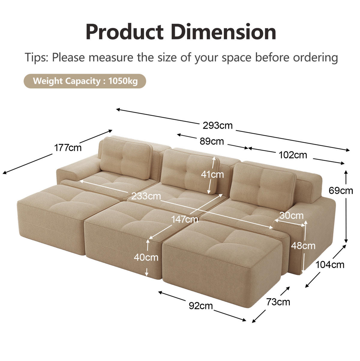 SOFA modular mit Schlaffunktion Cord Beige - Beige, Kunststoff (177/69/293.2cm) - Meubliv