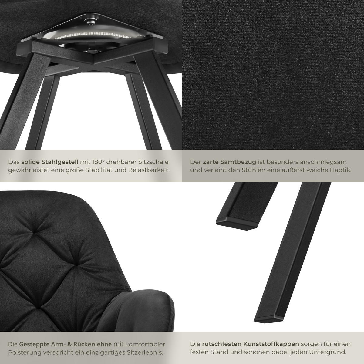 ARMLEHNSTUHL Samt Drehbarer 2er Set Lucia 58 x 58 x 87 cm schwarz - Schwarz, Kunststoff (58/87/58cm) - tectake