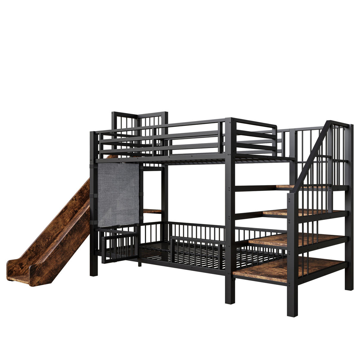 ETAGENBETT aus Metall 90x200 cm in Schwarz mit Rutsche & Stauraumtreppe - Schwarz, Metall (90/200cm) - Modfu