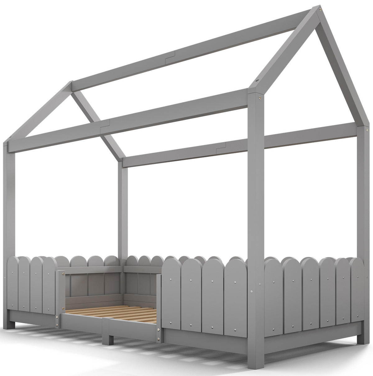 POSTELJA v obliki hiše 90/200 cm siva iz borovega lesa in MDF z varovalno ograjo ter letvenim dnom - siva, les (90/200cm) - OKWISH