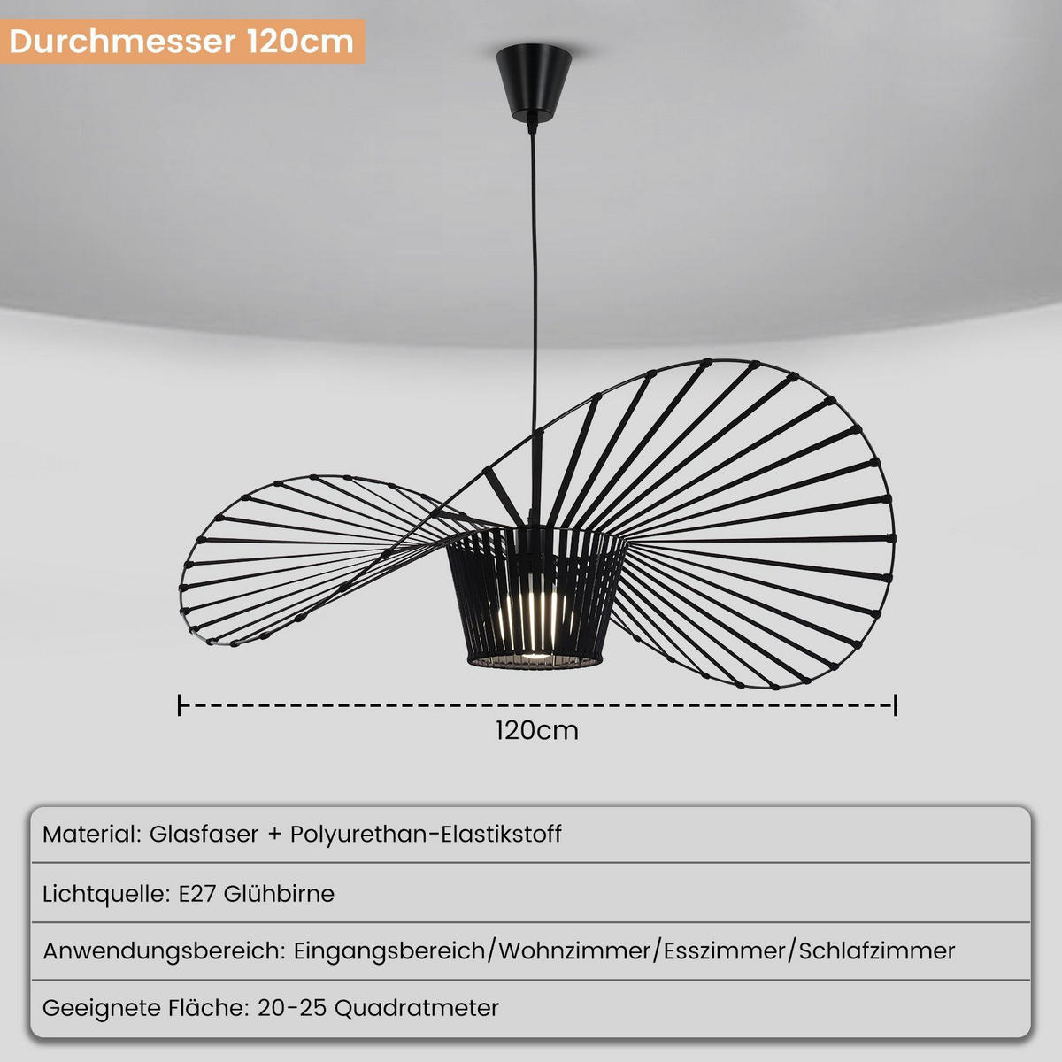 HÄNGELEUCHTE Strohhut 120/120/150 cm - Schwarz, Metall (120/120/150cm) - Nettlife