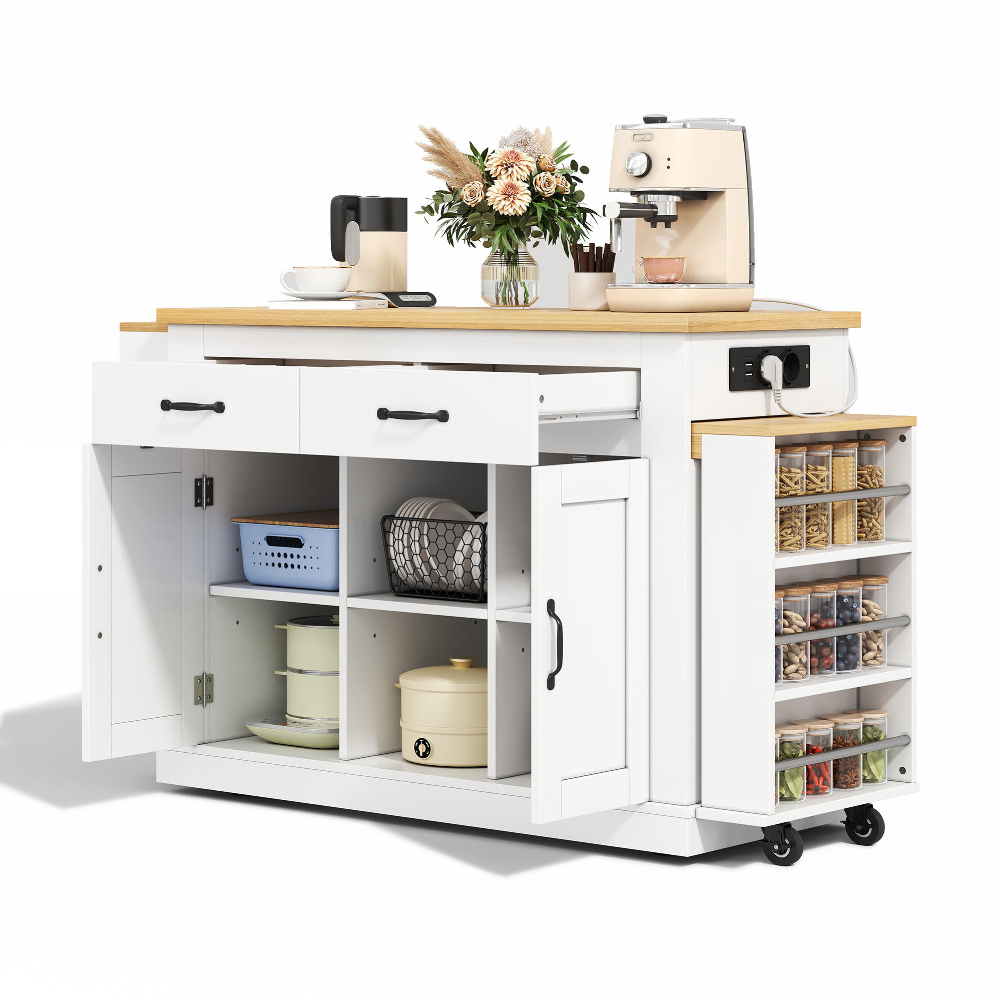 KÜCHENINSEL 142/55/93 cm weiß aus MDF mit Doppelauszug - Weiß, Holzwerkstoff (142/93/55cm) - OKWISH