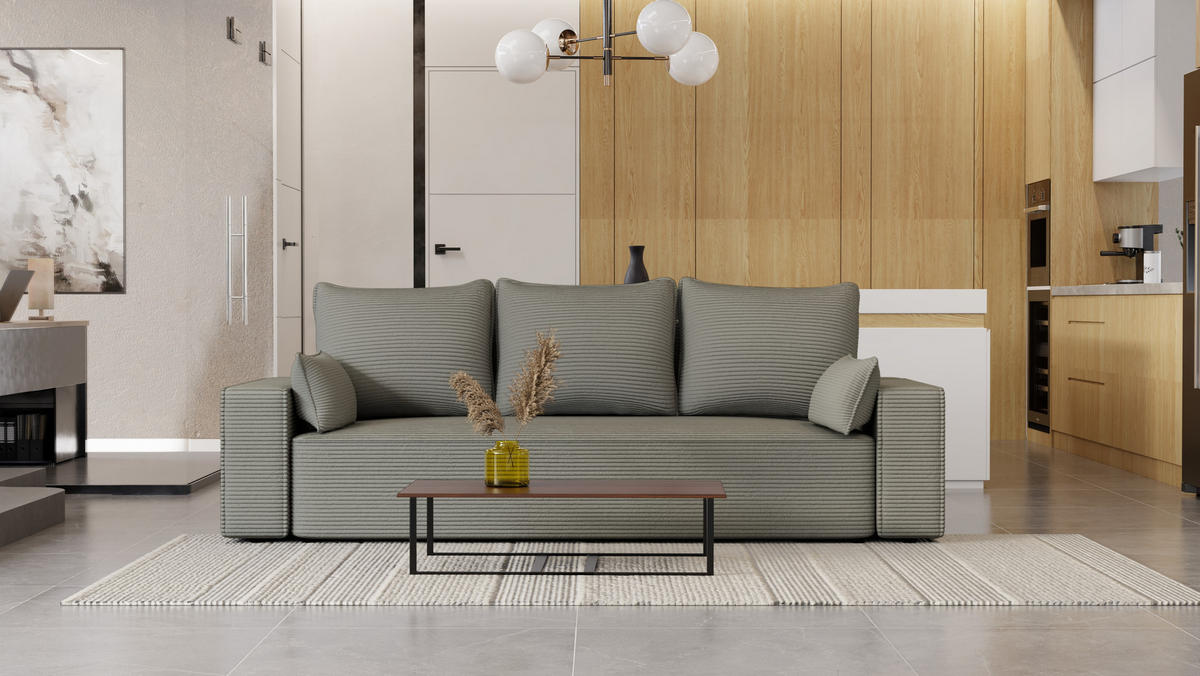 SOFA Vens mit Bettkasten und Schlaffunktion, Cordstoff - Grau, Holzwerkstoff (242/85/95cm)