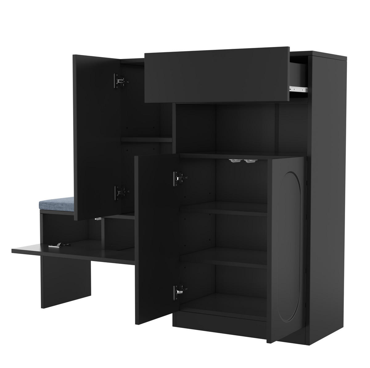 SCHUHSCHRANK aus Spanplatte 130/35/110 cm mit Sitzbank, Sanftschließfunktion und höhenverstellbaren Böden, Schwarz - Schwarz, Holzwerkstoff (130/110/35cm) - Redom