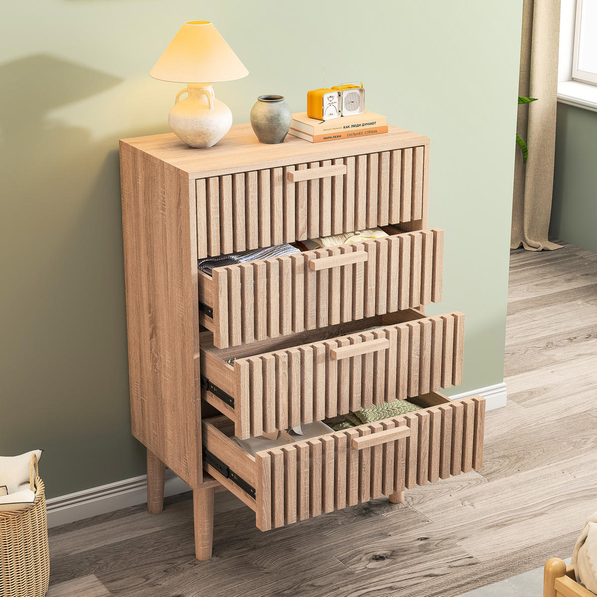 HOLZKOMMODE 4 Schubladen Rillenmuster stabil robust - Naturfarben, Holzwerkstoff (34/91/60cm) - SHOPENTRA