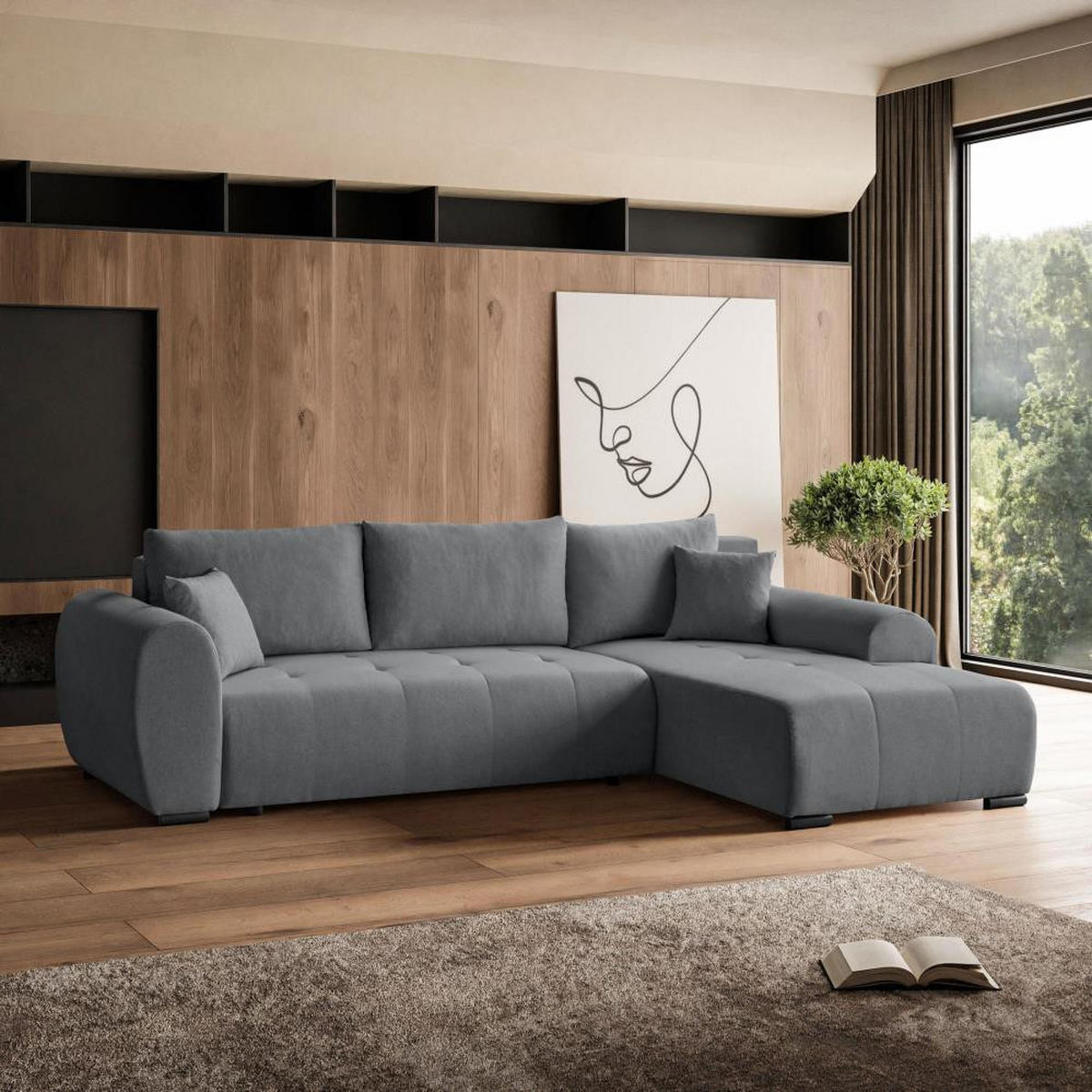ECKSCHLAFSOFA Diana mt Bettkasten grau rechts - Schwarz/Grau, Textil (255/175cm) - Beautysofa
