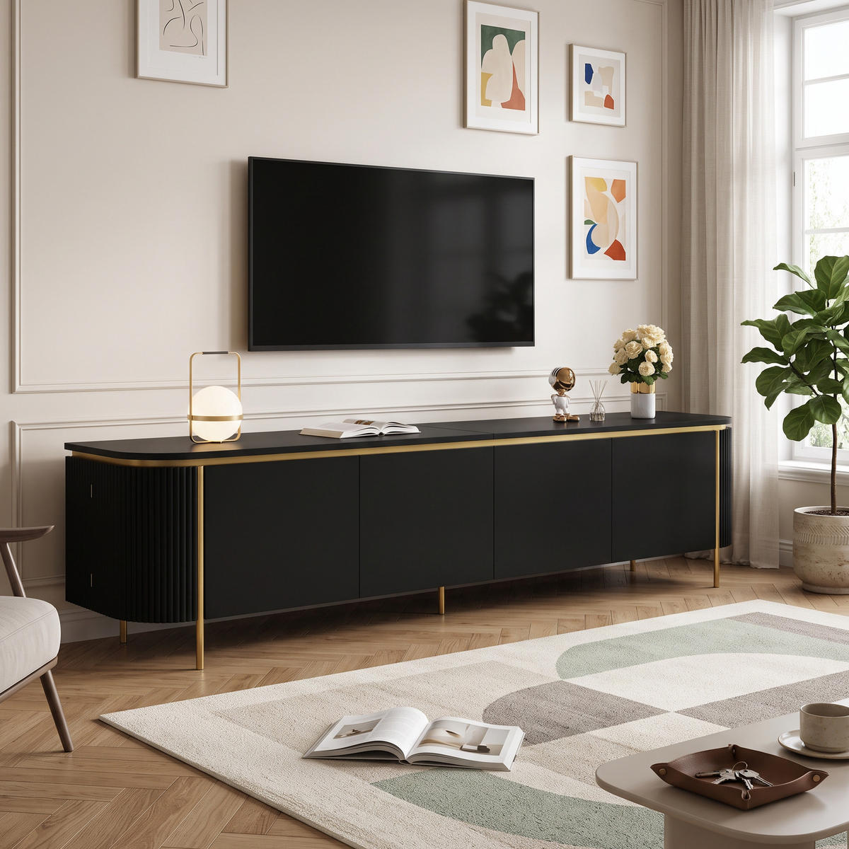 TV-LOWBOARD 180cm MDF Riffel-Optik 6 Türen Gold-Details - Schwarz, Holzwerkstoff (180/46/38cm) - Urban Meuble