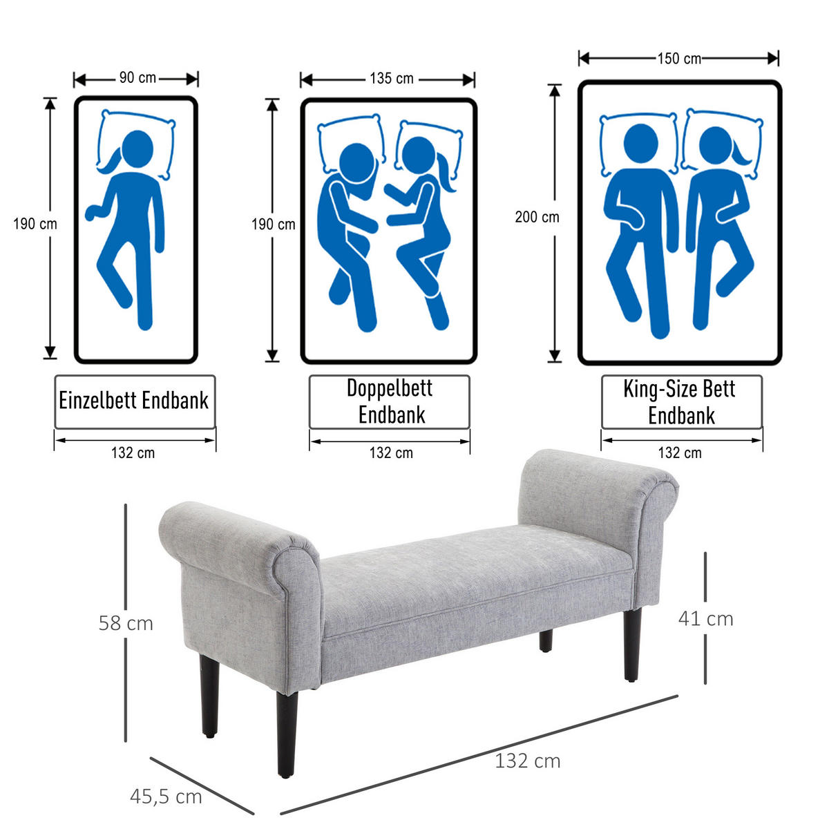 POLSTERBANK Sitzbank Sitzhocker elegant Leinenstoff Hellgrau 132 x 45,5 x 58 cm - Hellgrau, Kunststoff (45.5/58/132cm) - HOMCOM