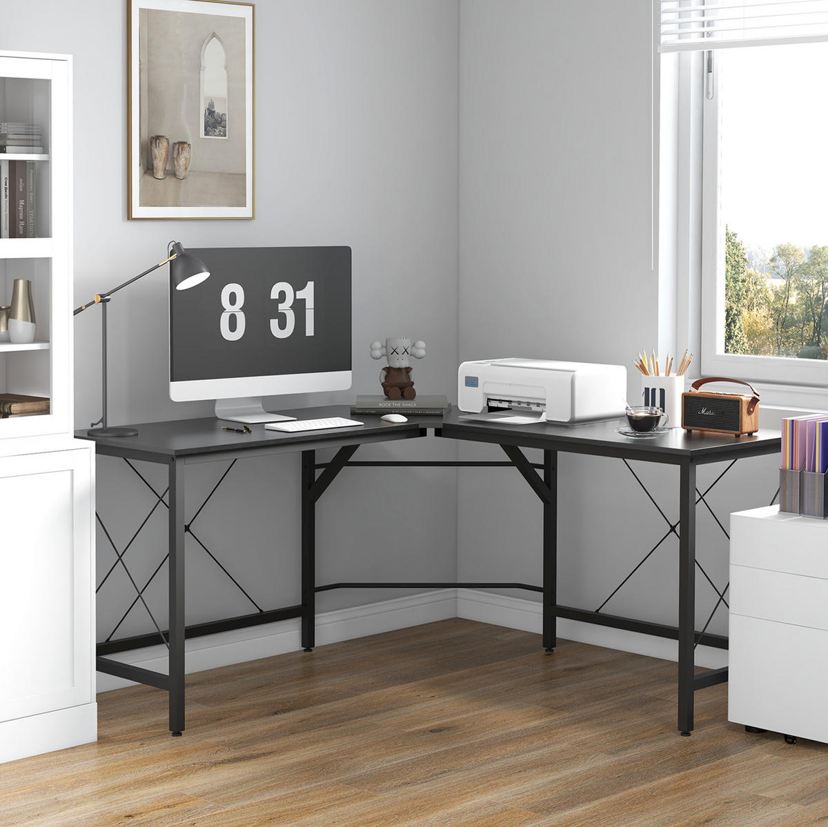 ECKSCHREIBTISCH L-Form 150 x 150 x 76 cm Stahl Schwarz - Schwarz, Metall (150/150/76cm) - Meubliv