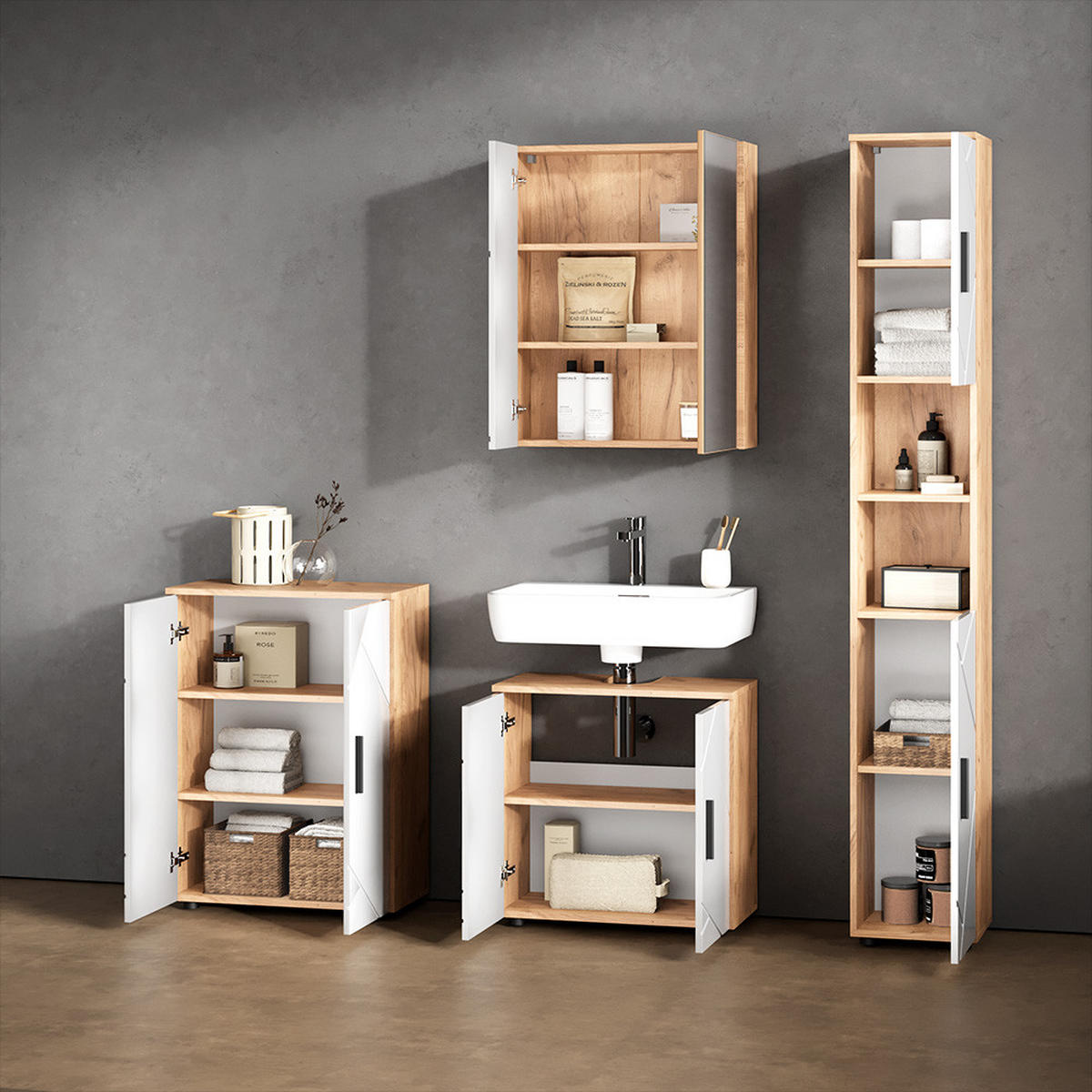 SPIEGELSCHRANK Ronco Weiß/Eiche 60 x 75 cm - Eiche Wotan/Weiß, Holzwerkstoff (60/75/17.2cm) - Livinity®