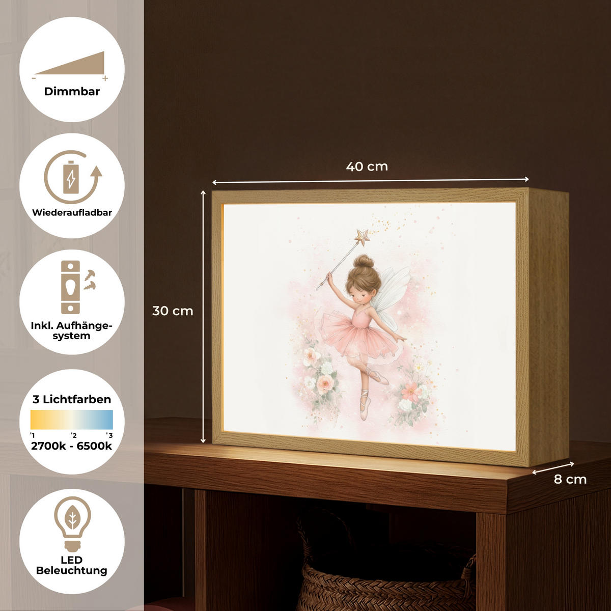 NÁSTĚNNÁ LAMPA S AKUMULÁTOREM Baletka - Víla - Květiny - Růžová 40x30 cm - růžová, kompozitní dřevo (40/30/8cm) - OnlyWow