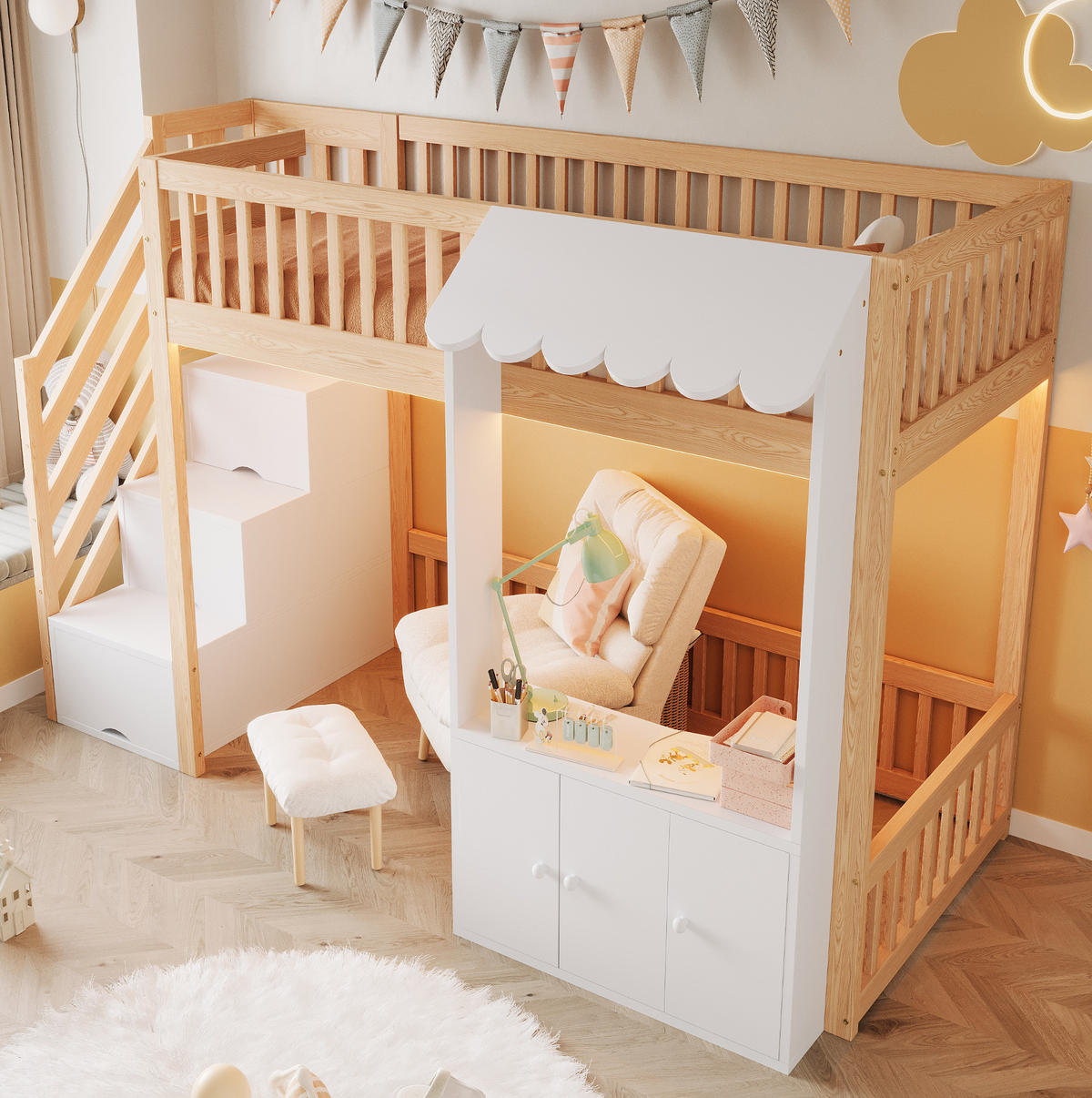 HOCHBETT aus Kiefernholz, Sperrholz und MDF 90x200 cm Holzfarbe mit Stauraumtreppe, LED-Lichtleiste und Stauraum - Naturfarben, Holz (90/200cm) - Modfu