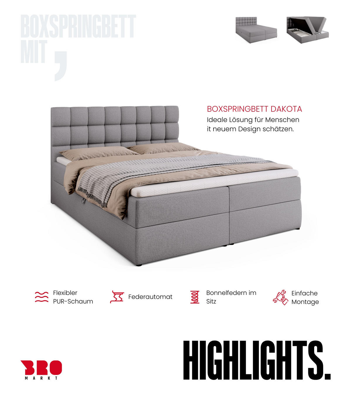 BOXBETT Dakota mit Topper 160/200 Grau - Grau, Textil (160/200cm) - Bromarkt