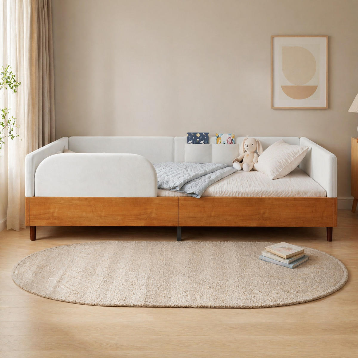 POLSTERBETT 90/200 mit 2 Stautaschen, umrandetem Design und Samt-Holz-Kombination in Weiß - Weiß/Naturfarben, Holzwerkstoff/Textil (90/200cm) - EVRYAE