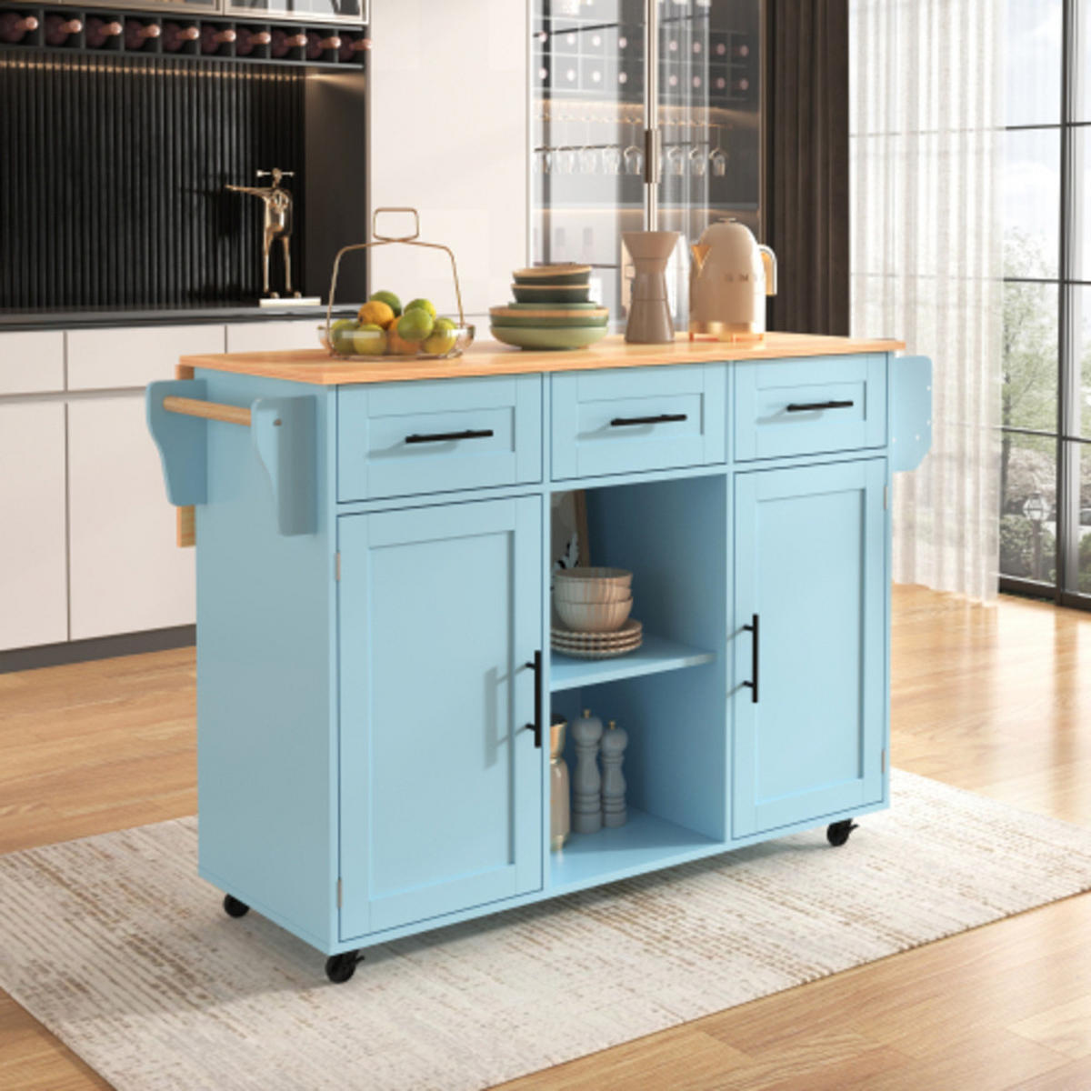 KÜCHENINSEL Blau aus MDF mit klappbarer Erweiterungsplatte 139 × 46 × 91,5 cm - Blau, Holzwerkstoff (139/91.5/71cm) - Luhomfu