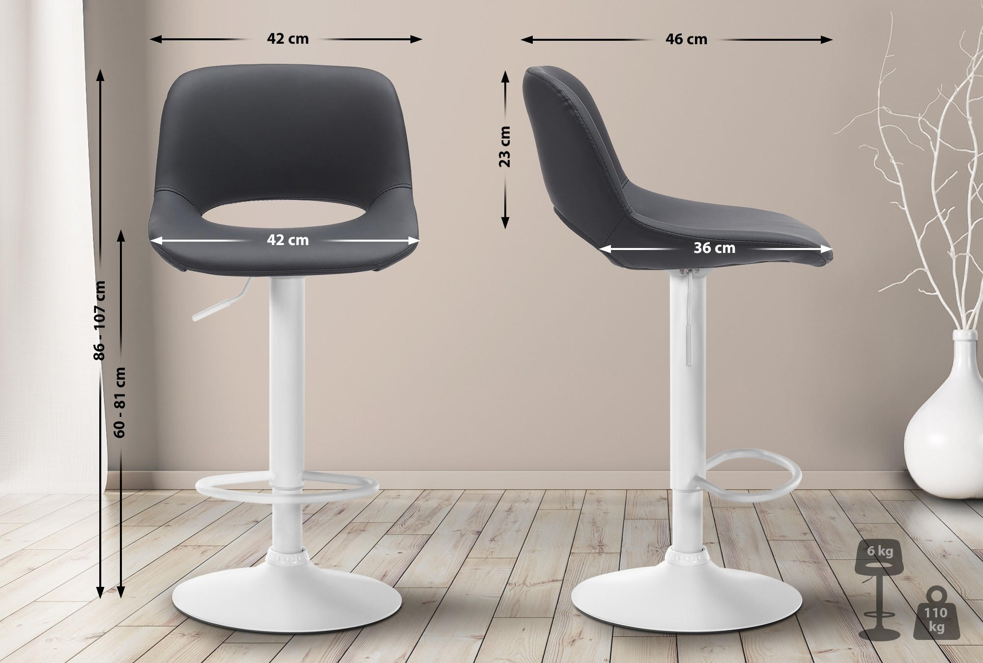 BARHOCKER JAKSON Schwarz Kunstleder Weiß - Schwarz, Leder/Metall (42/86/46cm) - DELUKE