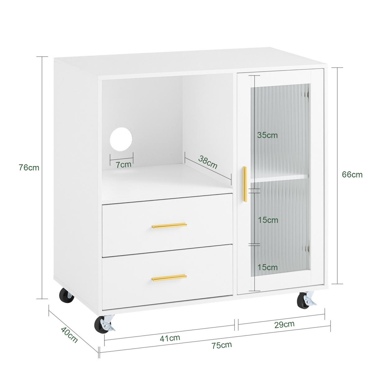 ROLLWAGEN Weiß - Weiß, Glas/Holzwerkstoff (75/76/40cm) - SoBuy