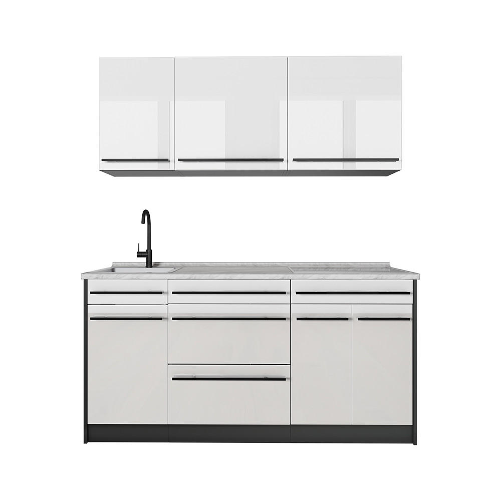 SINGLEKÜCHE R-Line, Weiß Hochglanz/Anthrazit, 160 cm Arbeitsplatte Marmor - Weiß Hochglanz/Anthrazit, Holzwerkstoff (160/81.6/60cm) - Vicco