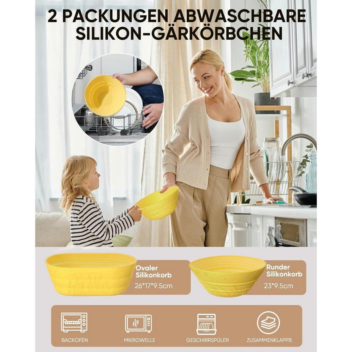 GÄRKÖRBCHEN Set 2-teilig Silikon Oval und Rund Gelb - Gelb, Kunststoff (17/9.5/26cm)