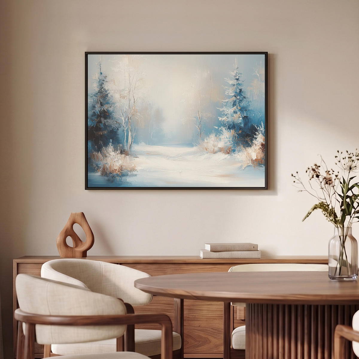 LEINWAND Bilder mit Rahmen - Wald – Winter – Natur – Abstrakt – Schnee - 70x50 - Weiß, Textil (70/50cm) - MuchoWow