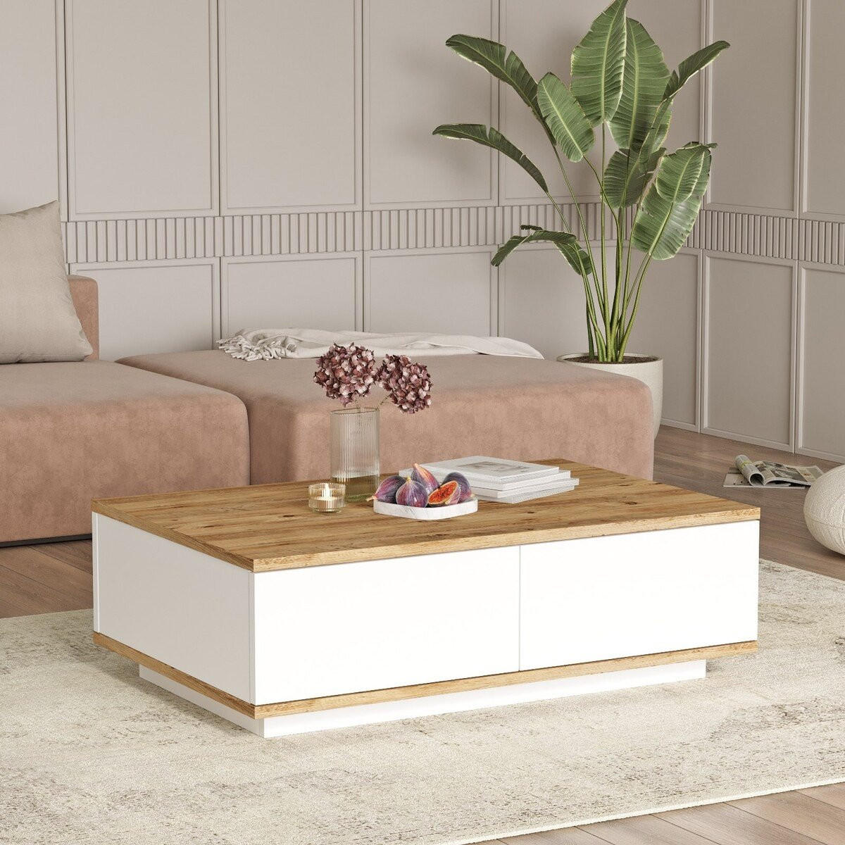 COUCHTISCH mit 2 Türen - Holzfarben hell & Weiß - LOTULA - Naturfarben, Holz (90/60/28.6cm) - Vente-Unique