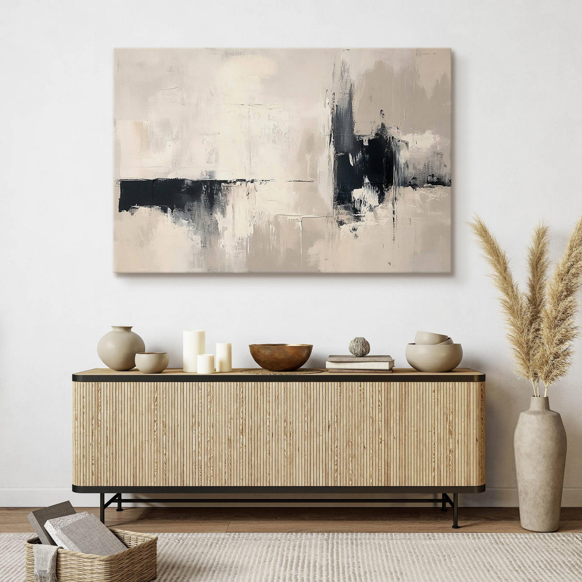LEINWANDBILD Abstraktion Moderne Kunst Malarei 120x80 - Beige/Schwarz, Textil (120/80cm) - Muralo