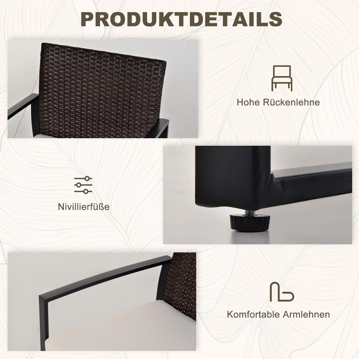 RATTAN Gartenmöbel Set mit Kissen Garten Braun+Creme - Braun, Kunststoff - Outsunny