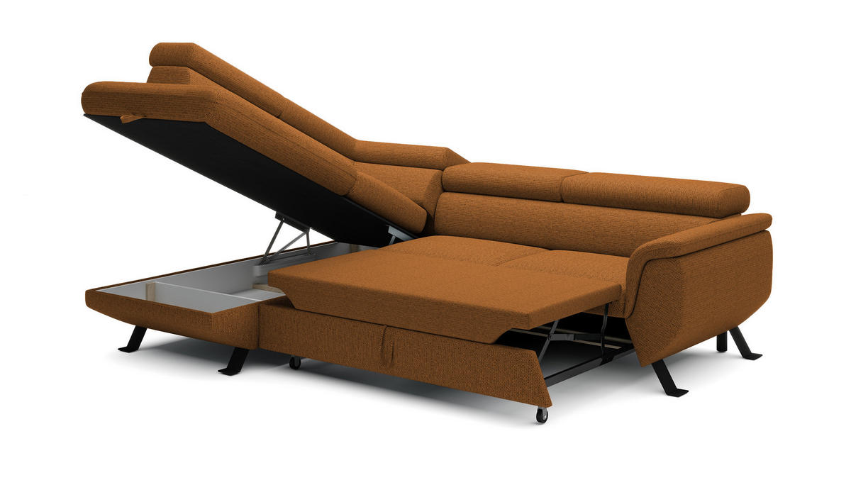 ECKSOFA RAVEN L mit Schlaffunktion und Bettkasten, Freistehend, Polstersofa mit Verstellbaren Kopfstützen, 257x198x96 cm, Linke, Braun - Braun, Holz/Textil (198/256cm) - DomoHome