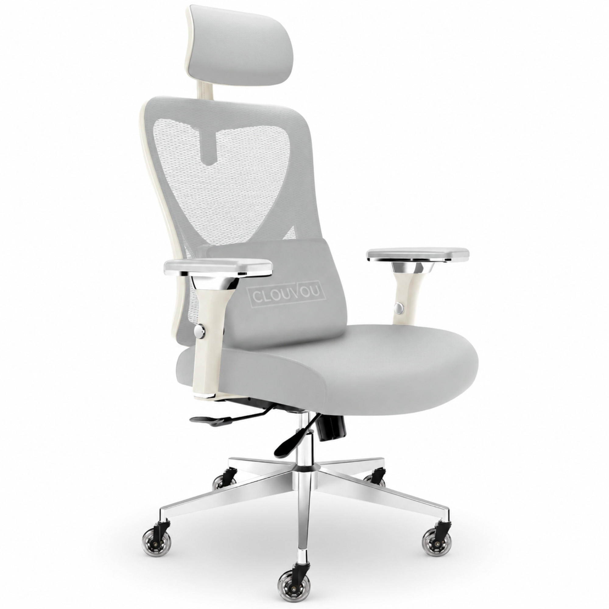 CLEVERSEAT Bürostuhl ergonomisch | Schreibtischstuhl mit Kopfstütze für Home Office Arbeitszimmer | Beige-Grau - Beige/Silberfarben, Kunststoff/Textil (70/134/70cm) - Clouvou