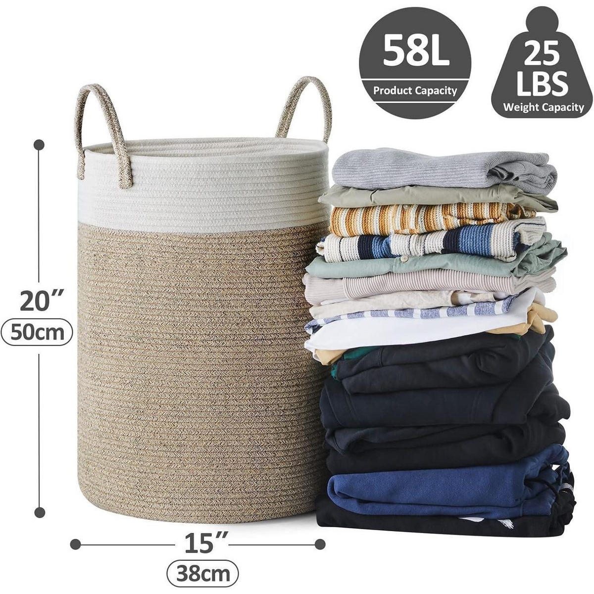 WÄSCHEKORB geflochten Baumwolle Weiß & Braun 38 cm(D)x50 cm(H) - Multicolor, Textil (38/50/38cm)