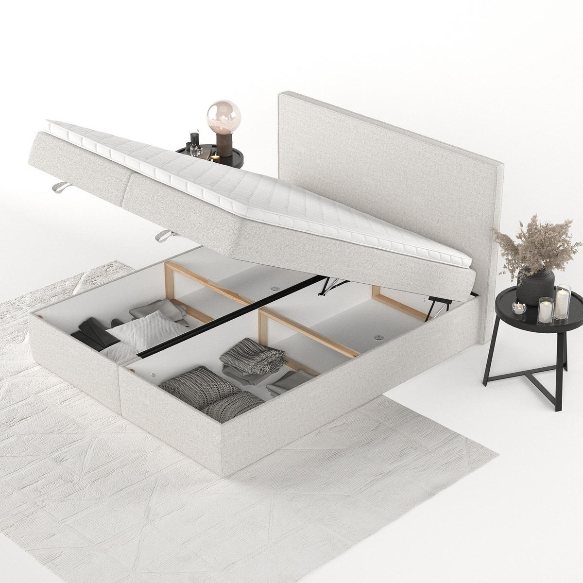 BOXBETT Velma 180/200 cm Hellbeige im Riva Stoff - Sandfarben/Schwarz, Holz/Holzwerkstoff (180/200cm) - AltaBeds