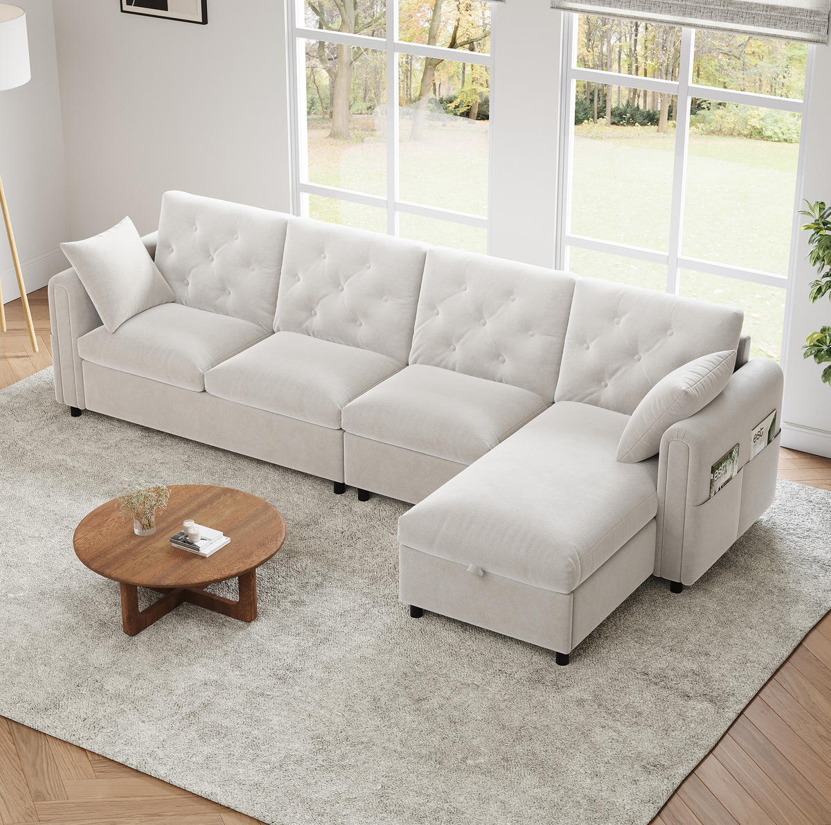 ECKSOFA 281/132/86 cm aus Samt mit Schlaffunktion und Stauraum Beige - Beige, Textil (132/281cm) - Modenvie