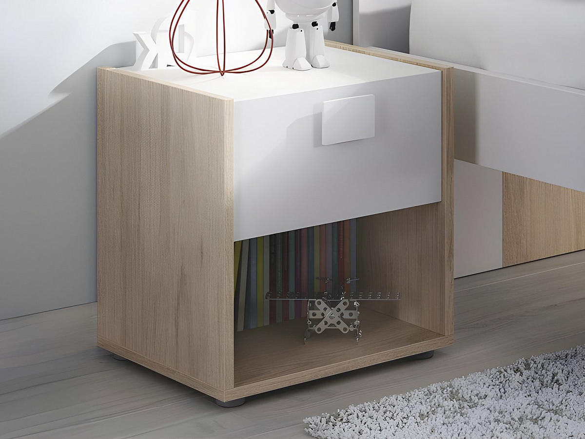 2ER-SET Nachttische mit 1 Schublade & 1 Ablage - Holzfarben & Weiß - SONIA - Naturfarben, Holz (42/40/33cm) - Vente-Unique