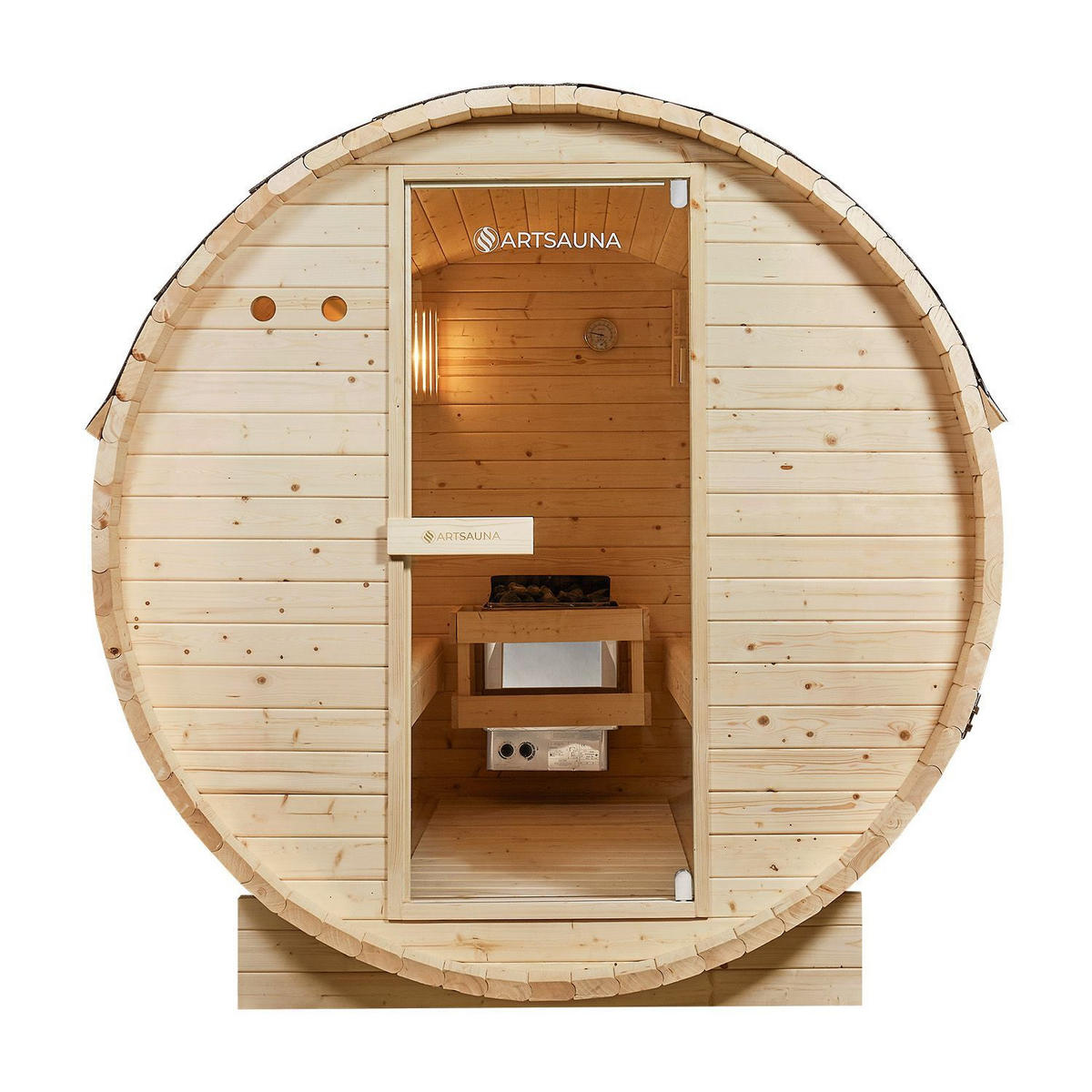FASSSAUNA Spitzbergen 220 cm mit 8 kW Saunaofen (6 Personen) - Naturfarben, Holz (191/193/220cm) - Artsauna