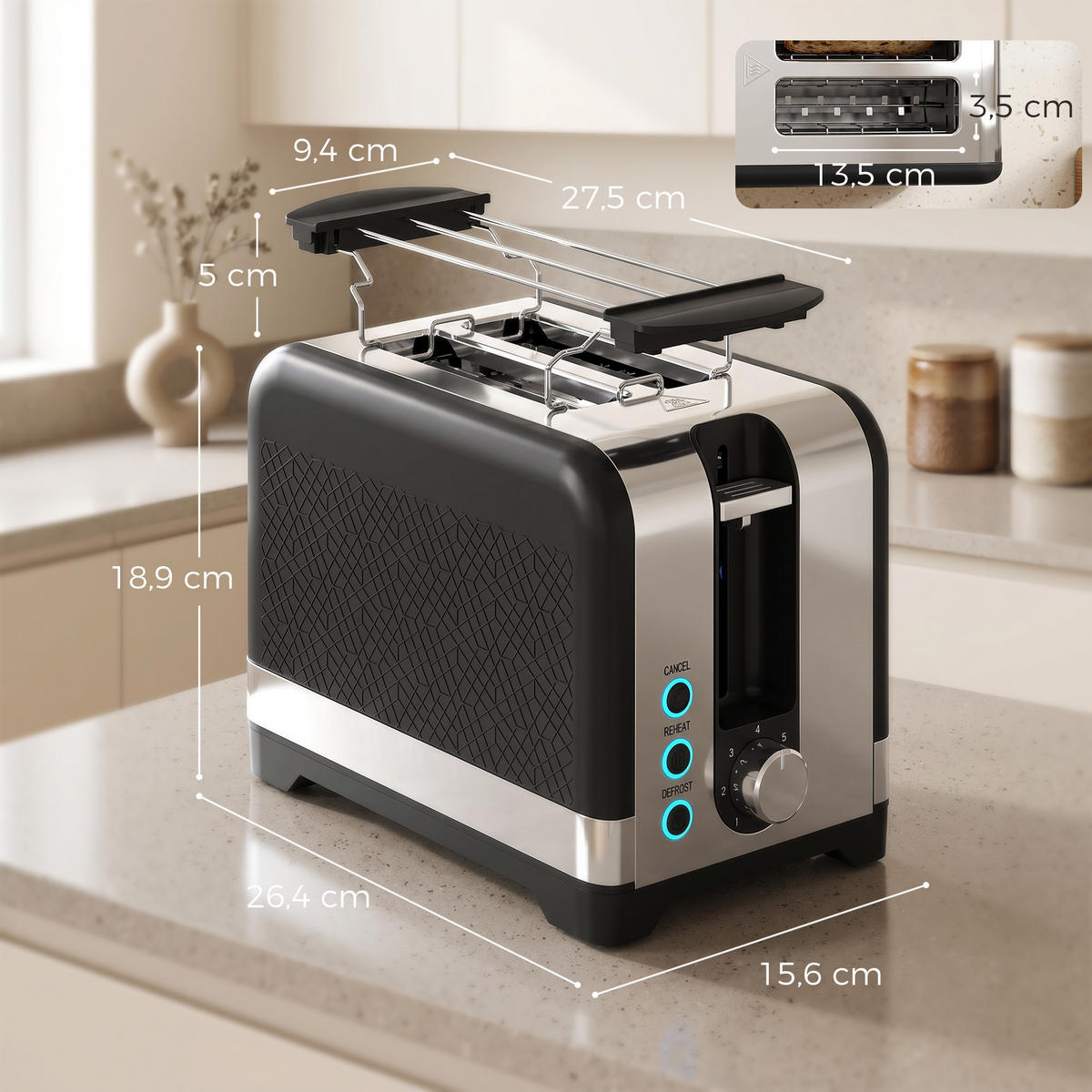 TOASTER Kunststoff Schwarz - Schwarz, Kunststoff (15.6/18.9/26.4cm) - HOMCOM