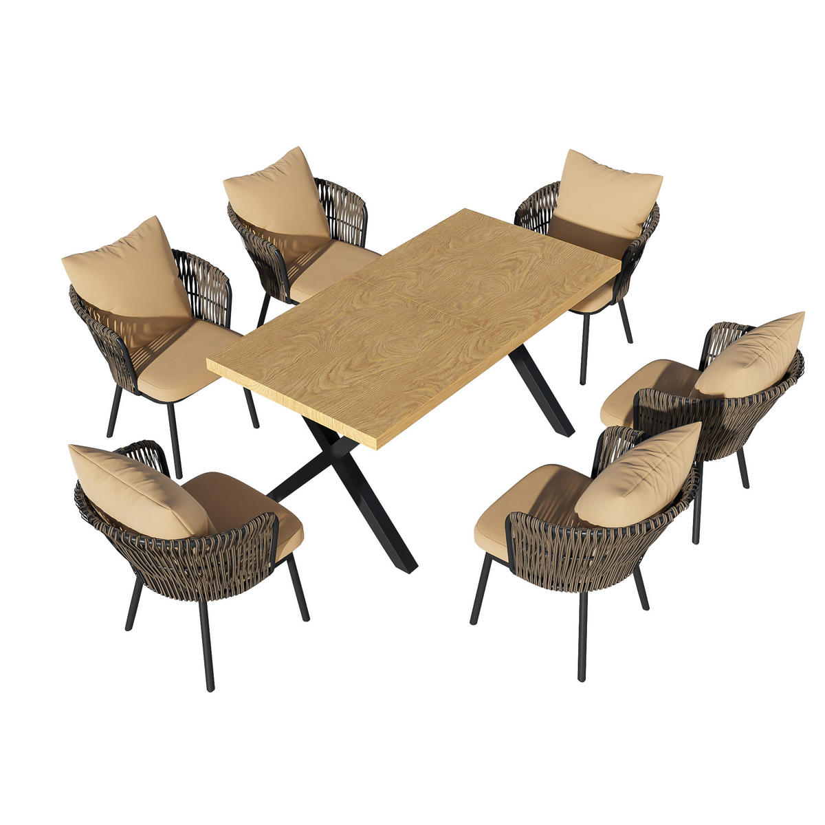 ESSTISCHSET Rattan/ Eisen Khaki/Natur 7-tlg. - Beige, Metall - ComfortXL