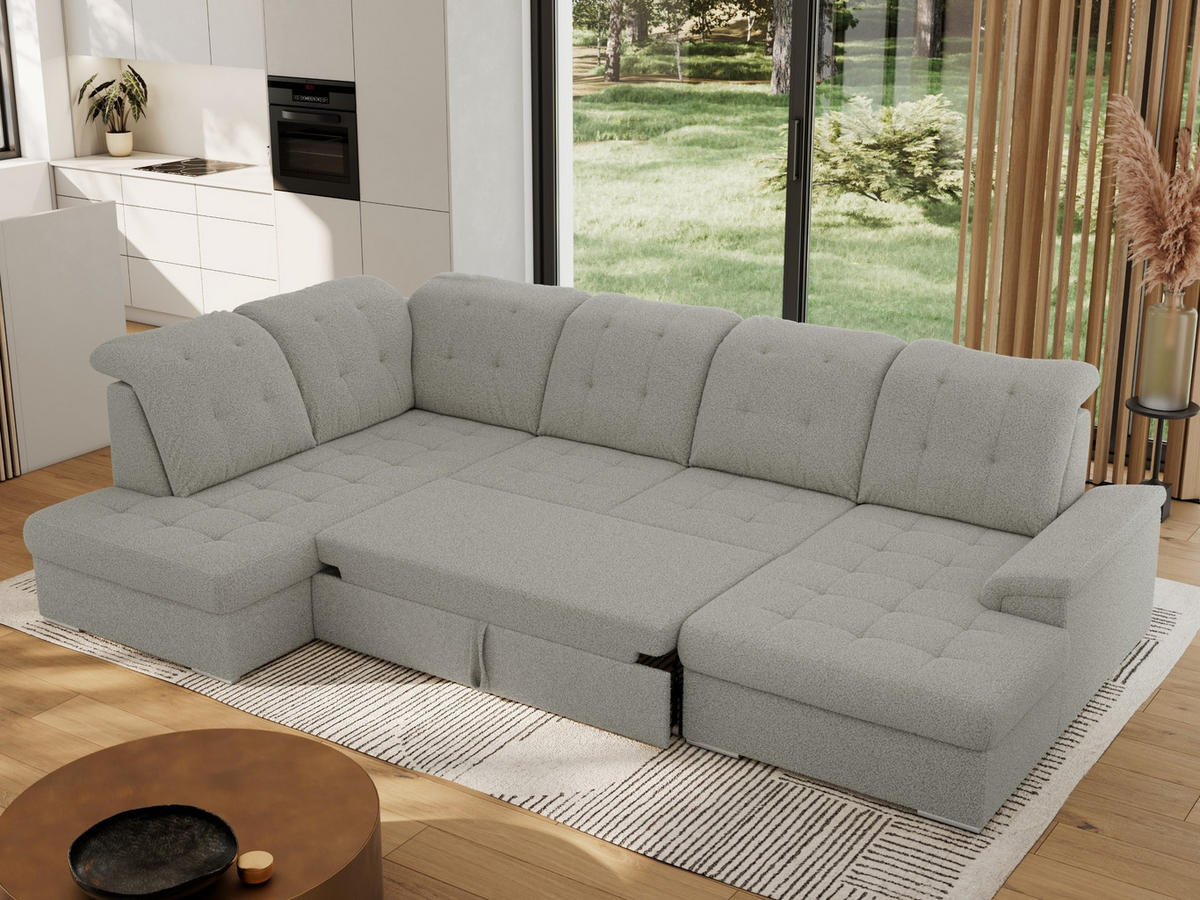 WOHNLANDSCHAFT MADRITO U - Hellgrau Boucle - Links - Silberfarben/Hellgrau, Textil/Metall (204/89/323cm) - MKS