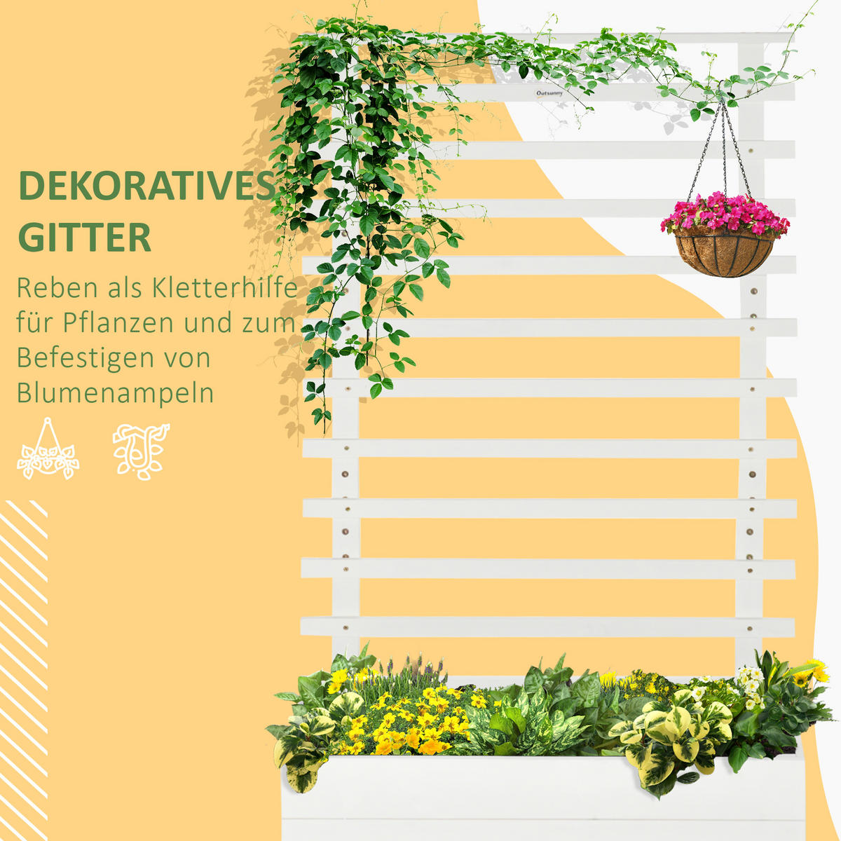 PFLANZKASTEN, Blumenkasten mit Rollen, Hochbeet für Kletterpflanzen, Naturholz, Weiß - Weiß, Holz (30/155/76cm) - Outsunny
